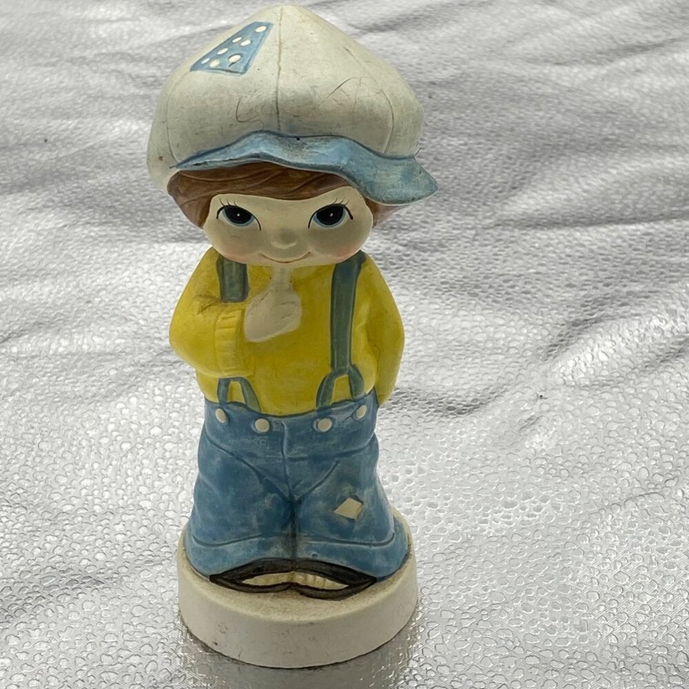 Vintage Korean Hand-Painted Boy Figurine Overalls Cap 6" Folk Art Mid Century